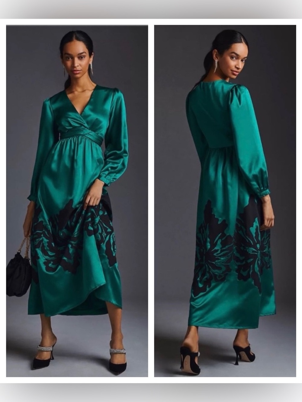 NWT $290 Anthropologie Nikasha Embroidered Satin Dress Black Floral Appliqués